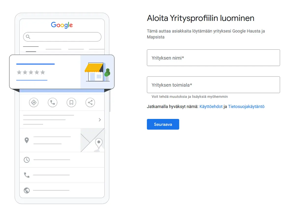 Kuvakaappaus Google-yritysprofiilin luonnista.